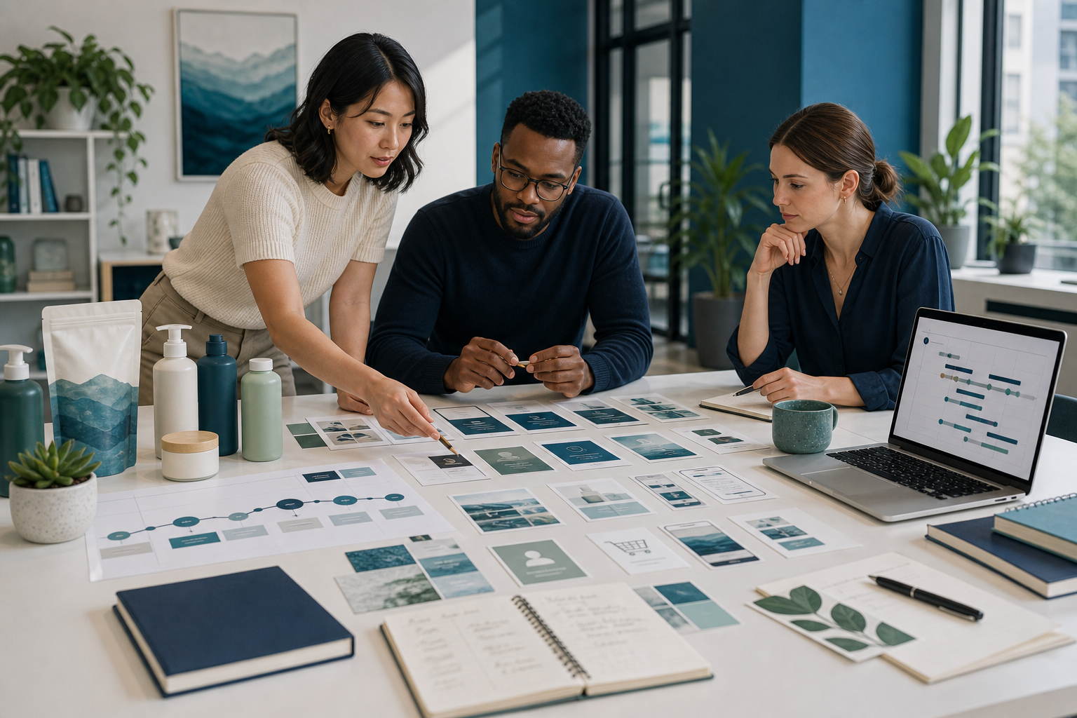 Strategy team mapping a growth plan around a table
