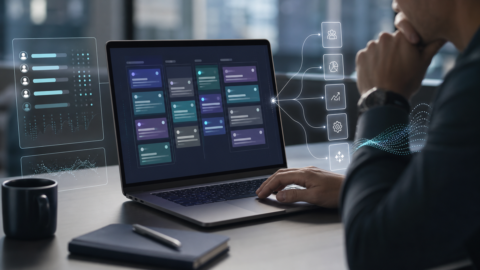 Abstract AI workflow system showing connected organizational knowledge and automation signals