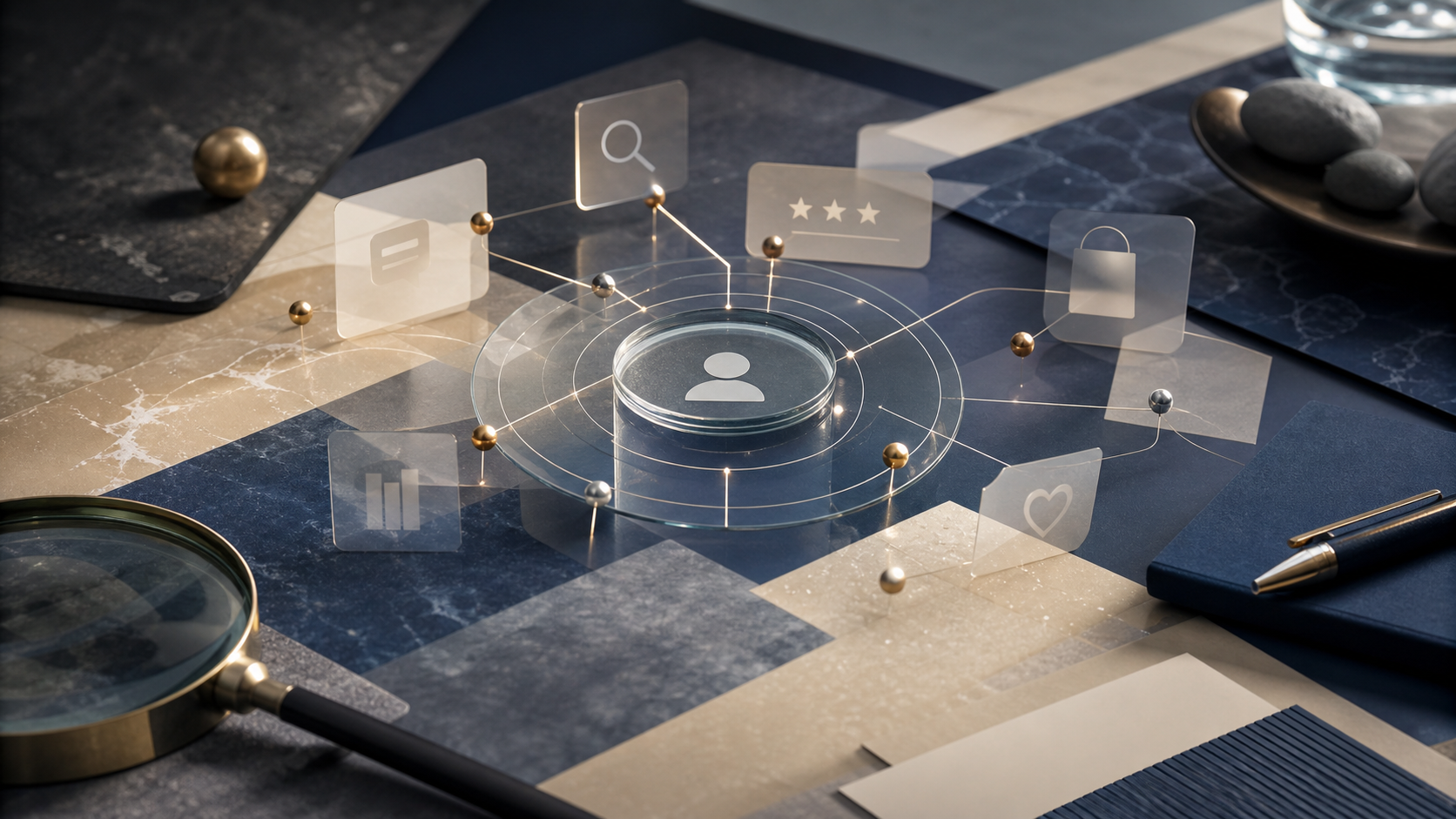 Abstract editorial scene with layered search signals and brand touchpoints arranged across a modern strategy desk.