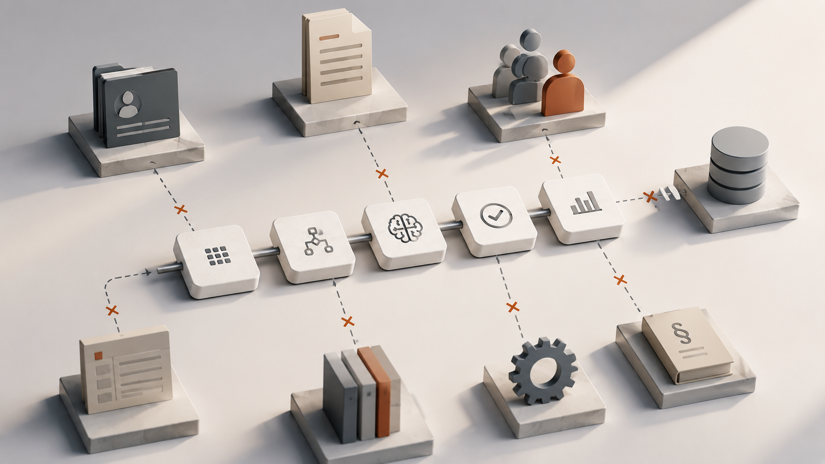 A conceptual illustration of a central AI workflow connected to business systems, with several surrounding dependencies disconnected to represent operational drift.